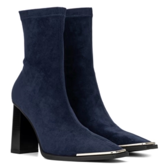 Beautifully made Ankle Boot, 4” heel, faux suede, metallic accents at the toe. - Picture 2 of 13